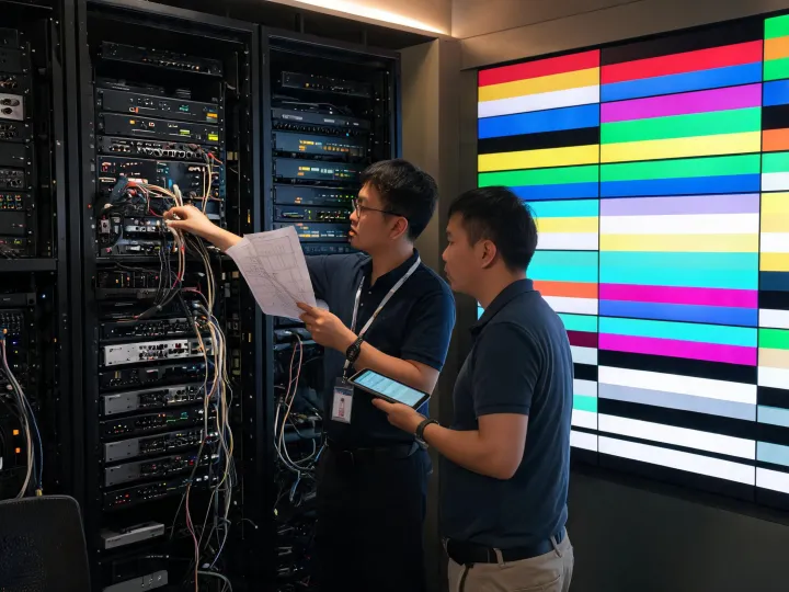 Systems integration team inspecting signal paths