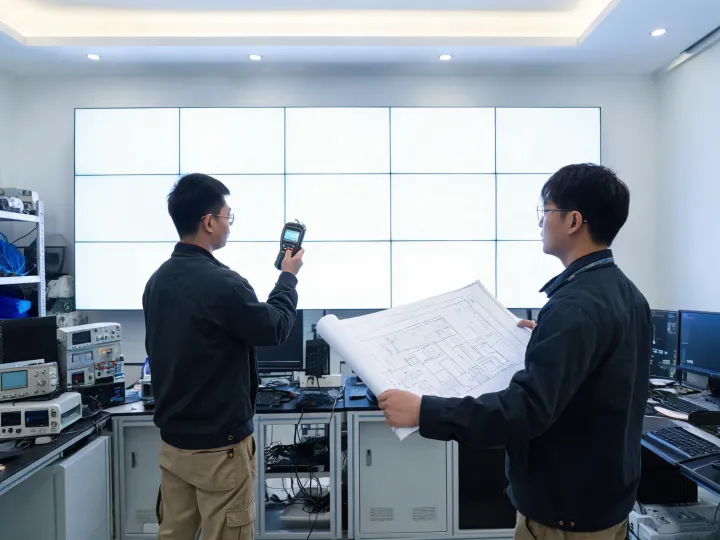 Application engineering team at a display wall